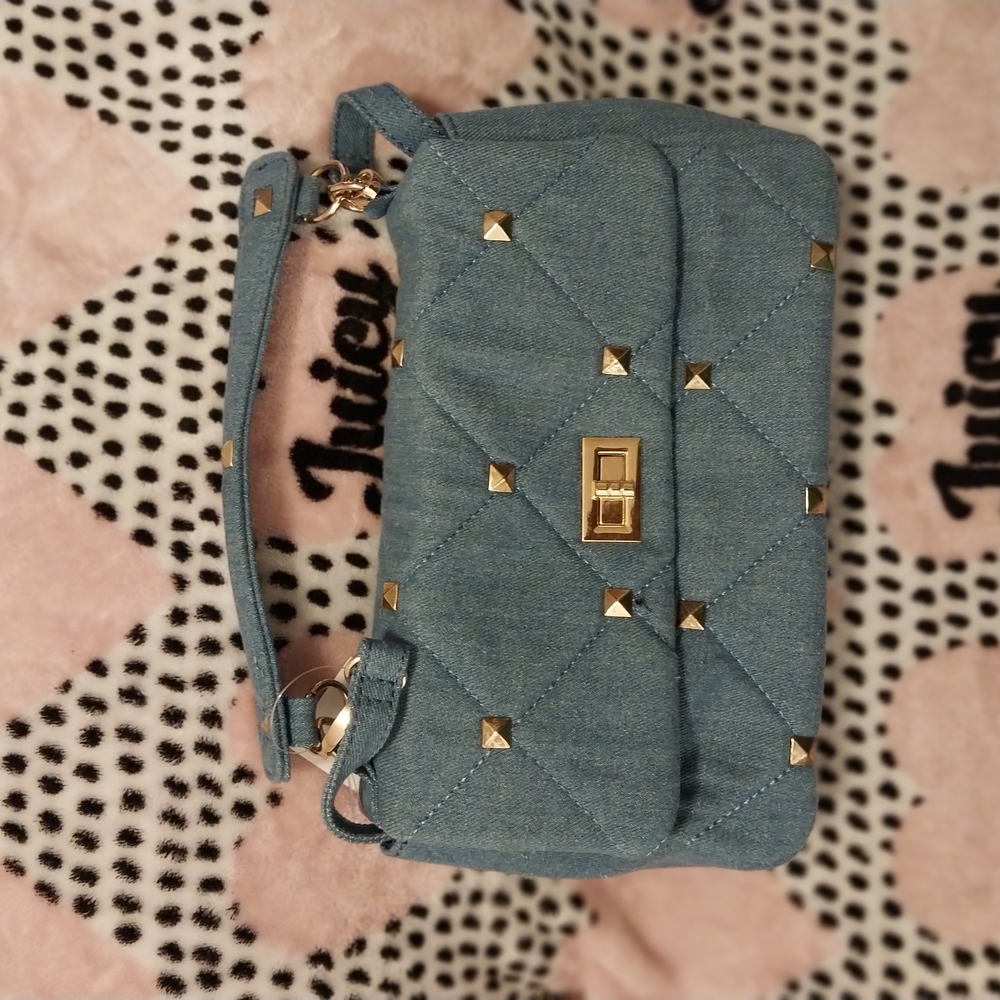 Stylish Blue Quilted Handbag with Gold Accents